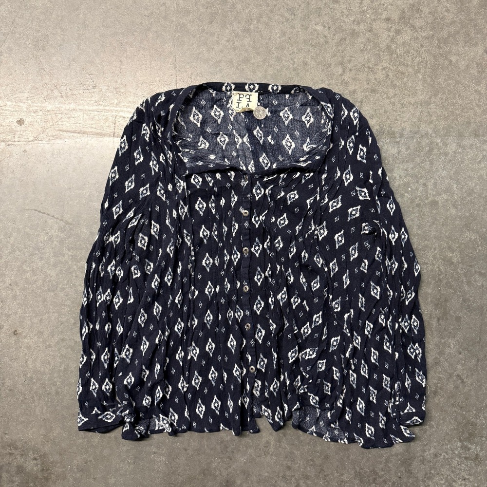 PPLA Navy Blue Diamond Print Button Front Blouse Long Sleeve Boho Top Large